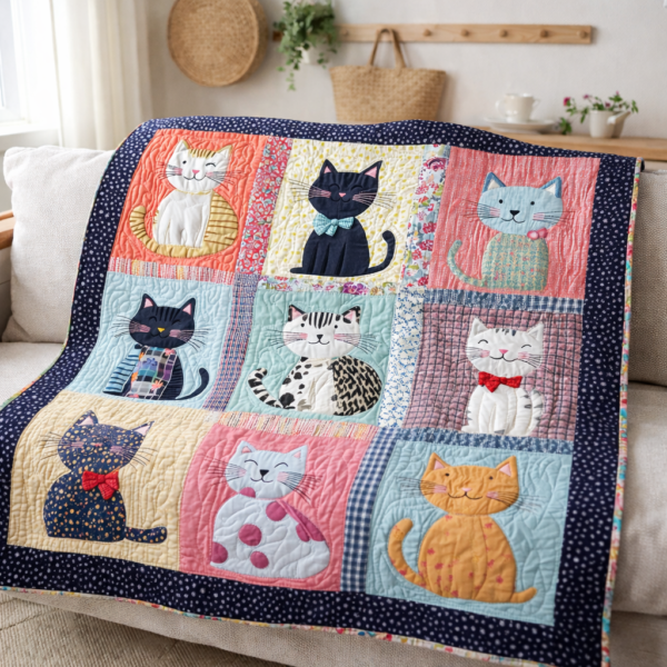 Cat-themed patchwork quilt with applique blocks, handmade quilting design for beginners