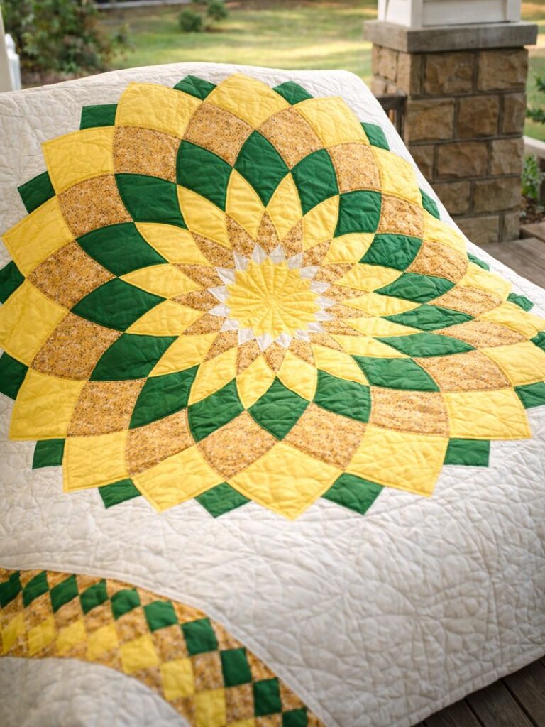 Handmade sunflower patchwork quilt with a large circular design in yellow and green, beginner-friendly quilting inspiration