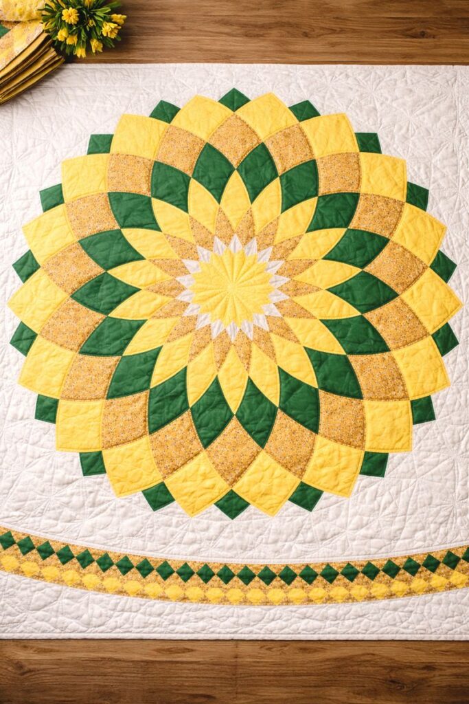 Flat lay view of a circular sunflower patchwork quilt top with yellow and green fabric petals and detailed stitching