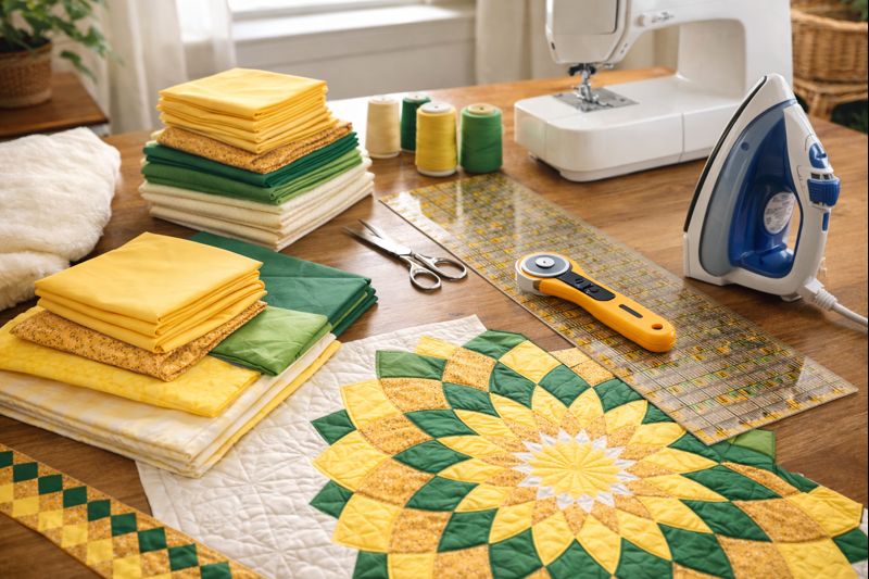 Close-up of sunflower quilt petal shapes made with yellow and green cotton fabrics, showing precise quilting stitches