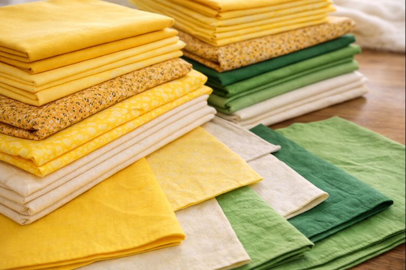 Quilting supplies and yellow and green cotton fabrics prepared for a sunflower patchwork quilt project