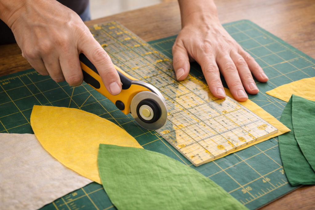 Cutting curved fabric petals for a sunflower patchwork quilt using rotary cutter and ruler
